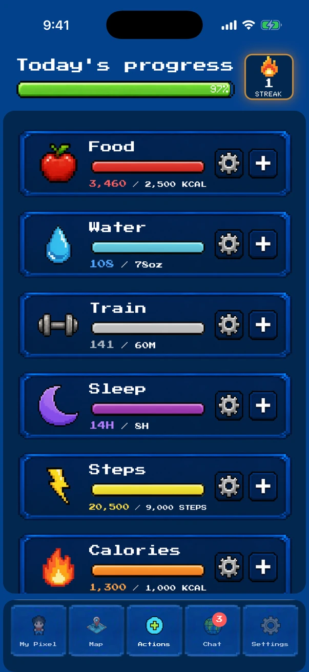 The Fit Pixel Actions tab: today's progress with food, water, train, sleep, steps and calories